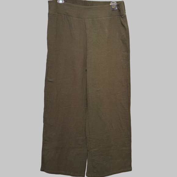one 5 one Pants - One5One Womens Wide Leg Pants XL Olive Green Cotton Gauze Crinkle Coastal Boho